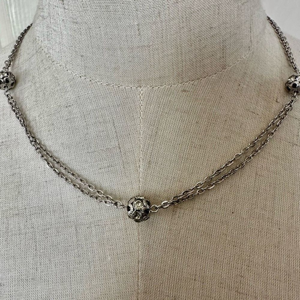 Sarah Coventry silver tone double chain rhinestone ball beaded necklace